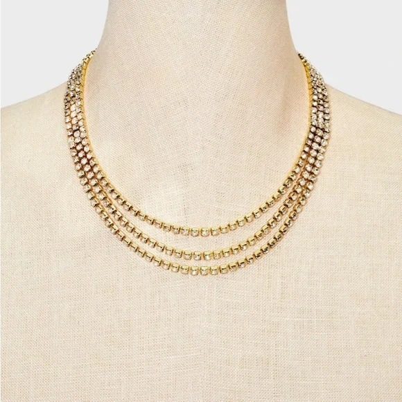 SUGARFIX by BaubleBar Triple Crystal, Tennis Necklace Gold NWT